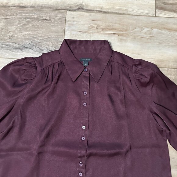 Ann Taylor Burgundy Puff Sleeve Pleated Button-Down Blouse – Size SP - Picture 5 of 16